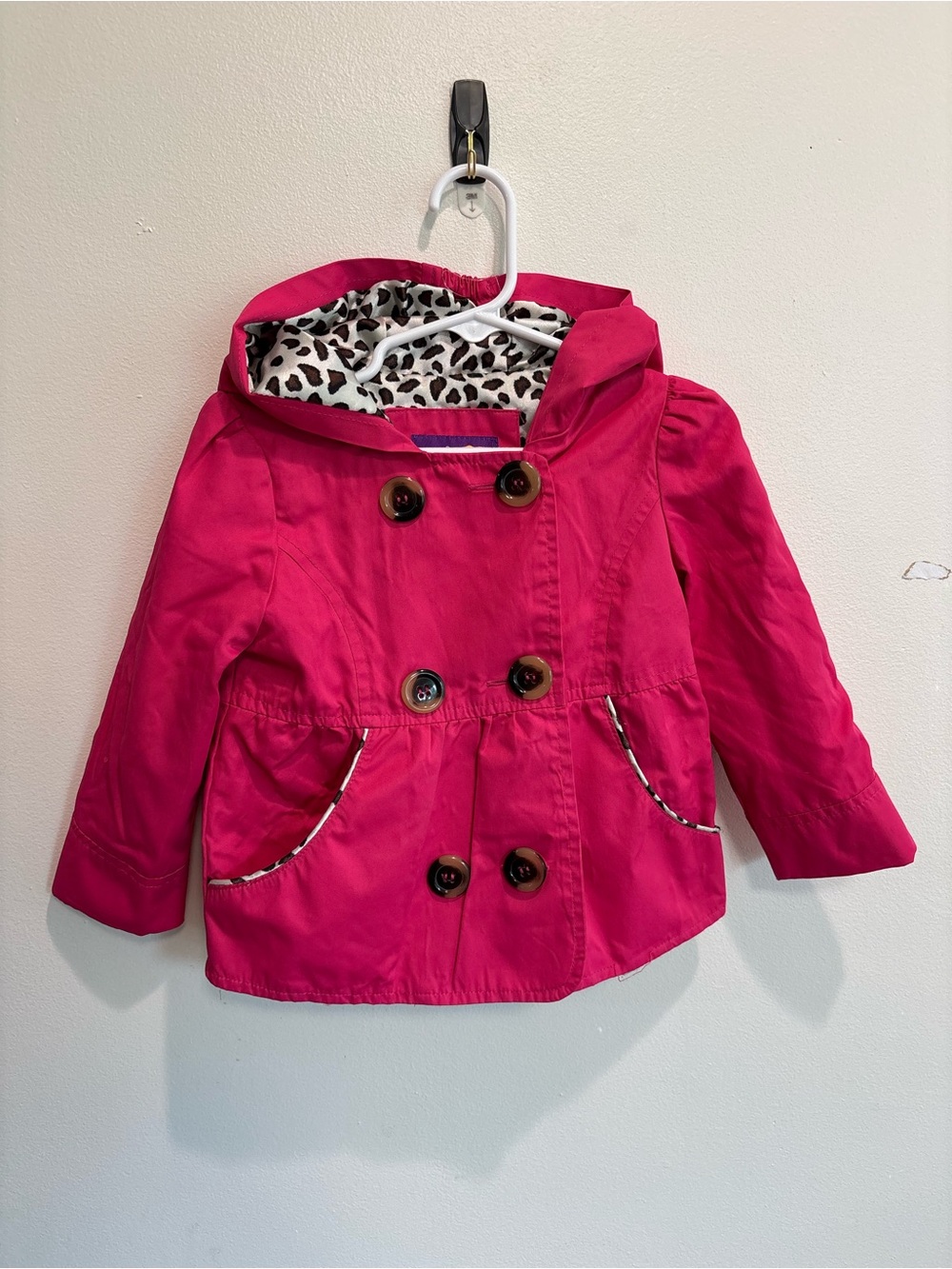 Pink Platinum Y2K Bright Pink Hooded Double-Breasted Jacket 2T Leopard Lining